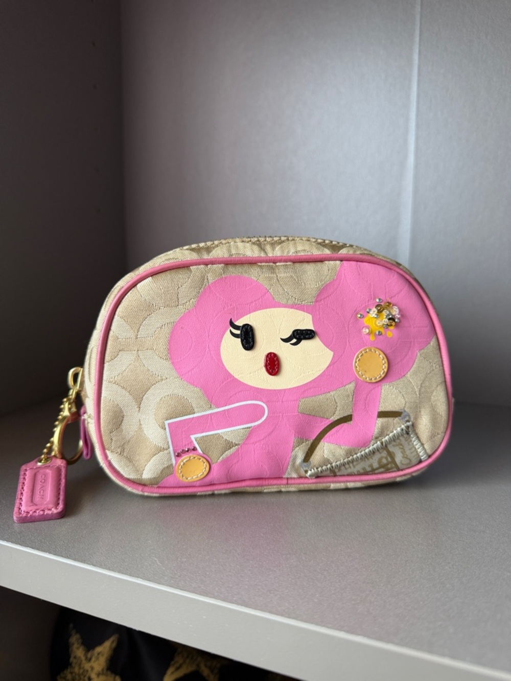 Coach Beige Signature Canvas Cosmetic Pouch with Pinky Poppy Chan